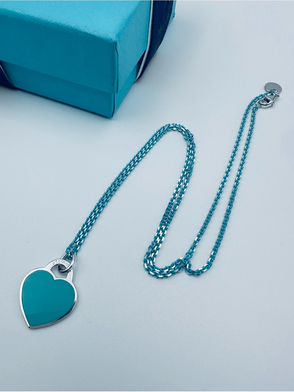 Tiffany & Co. Blue Enamel Small Heart Tag 18” Enamel Sparkle Chain with Box